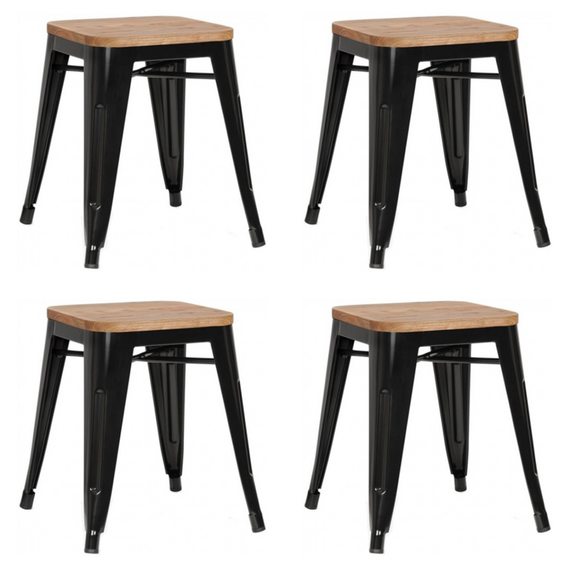 Bistro Low Stool with Wooden seat Steel Black Indoors - WW65B