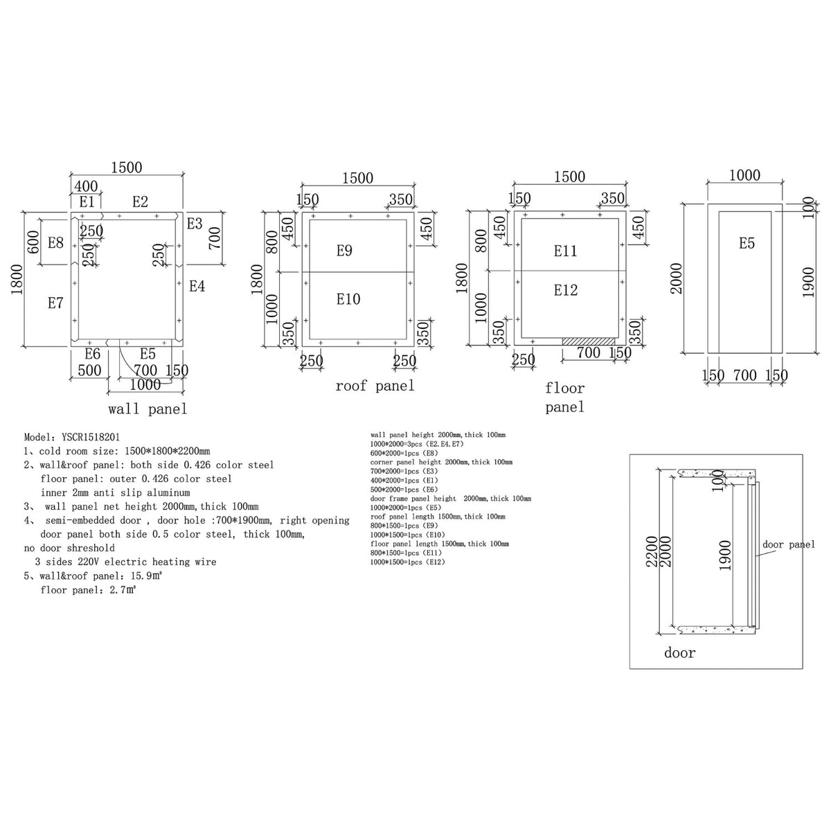 Modular Cold Room / Freezer Room 1500 x 1800 x 2200mm 100mm Insulated Panels - YSCR1518201