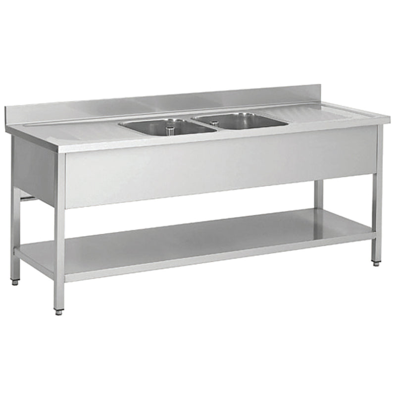 Commercial Sink Stainless steel 2 bowls Bottom shelf Splashback 2000mm Depth 600mm - THSTR206BM2