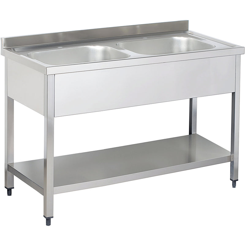 Commercial Sink Stainless steel 2 bowls Bottom shelf Splashback 1400mm Depth 700mm - THSTR147BM2