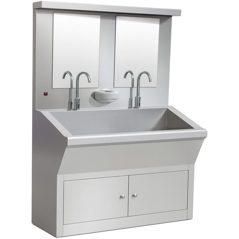 Commercial Stainless Steel Double Scrub Sink with Mirrors, Pedal Controls & Dual Faucets 1200x600x1800mm - YYKY1261