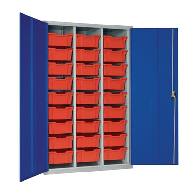 27 Tray High-Capacity Storage Cupboard - Blue with Red Trays - HR680