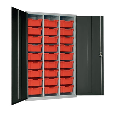 27 Tray High-Capacity Storage Cupboard - Dark Grey with Red Trays - HR681