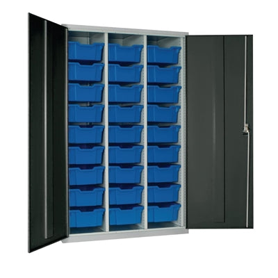 27 Tray High-Capacity Storage Cupboard - Dark Grey with Blue Trays - HR685