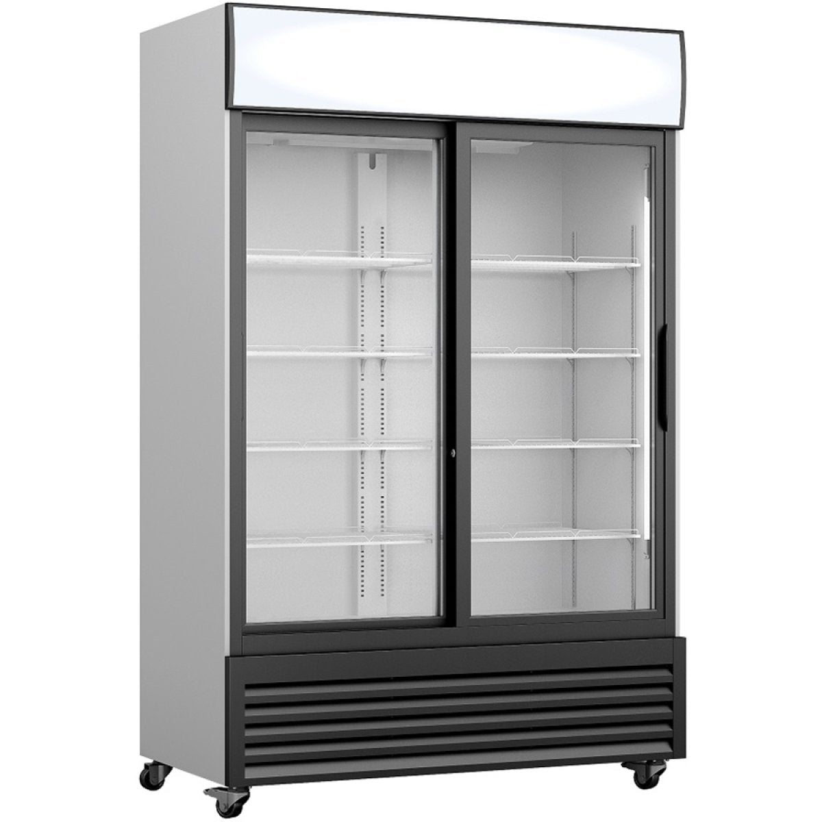 Adexa GDR555 730L Commercial Twin Bottle Cooler — front view with sliding glass doors closed