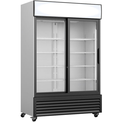 Adexa GDR555 730L Commercial Twin Bottle Cooler — front view with sliding glass doors closed