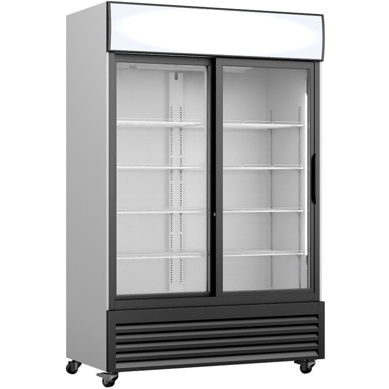 Adexa GDR555 730L Commercial Twin Bottle Cooler — front view with sliding glass doors closed