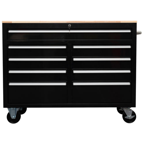 Professional 46 Inch Black Steel Rolling Tool Chest with 9 Drawers and Rubberwood Top 1170 x 462 x 913mm - 461909DBLACK