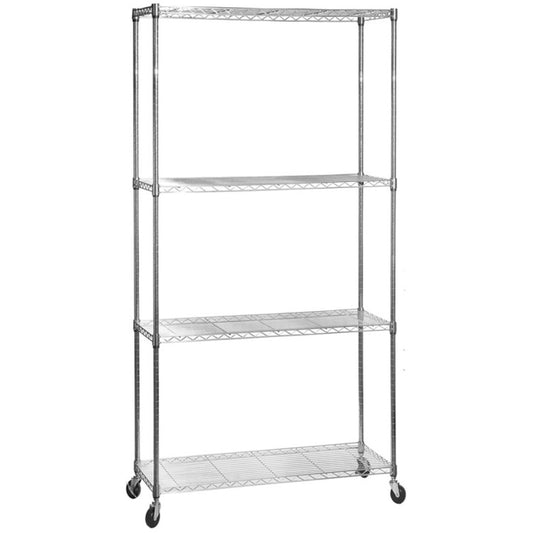 Commercial Shelving Unit 4 Tier with Wheels 1000kg Width 1200mm Depth 450mm Chrome Wire