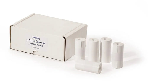 57x25mm Coreless Thermal Credit Card Machine Rolls | Box of 20 | PDQ Rolls UK