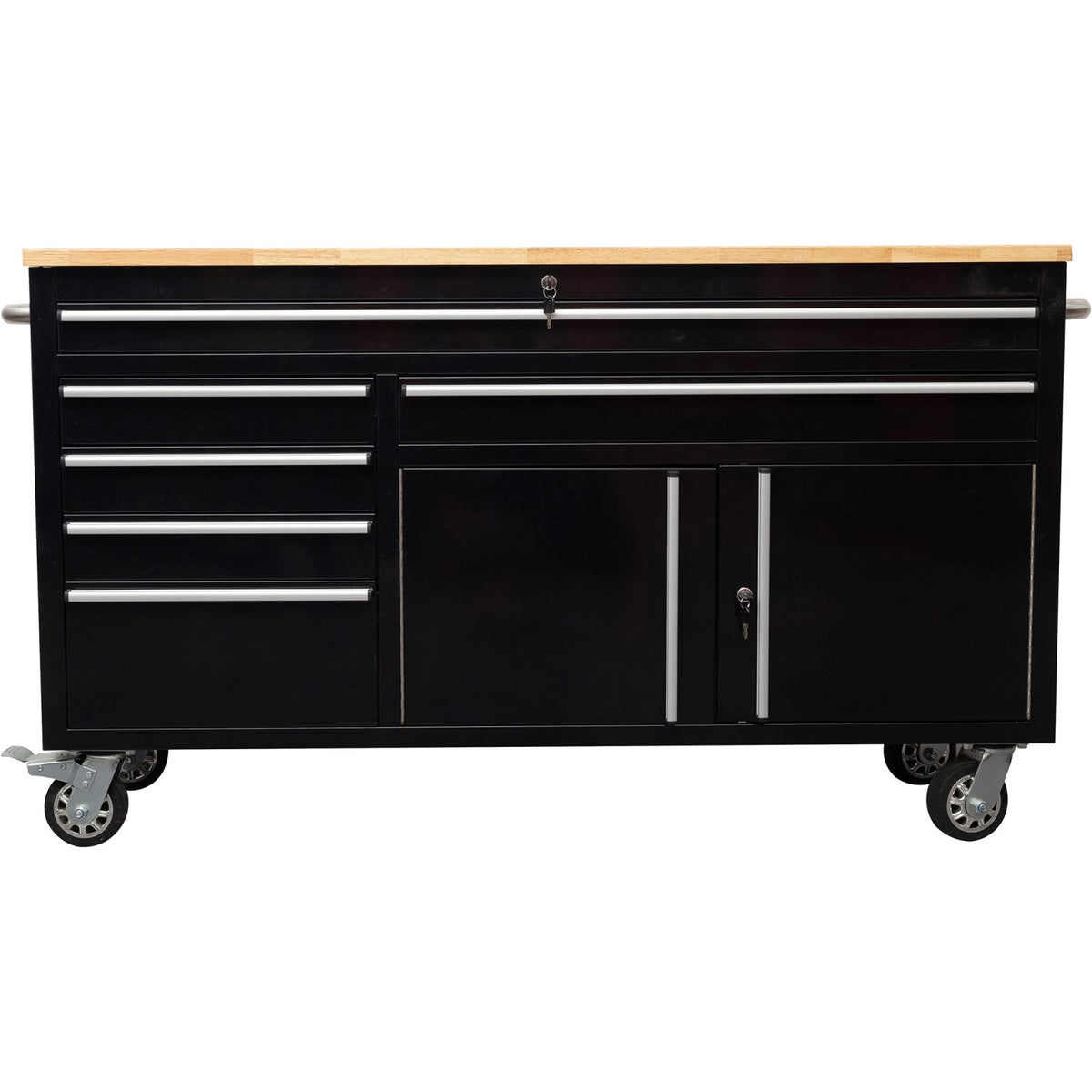 Heavy Duty Steel Rolling Tool Chest with Wooden Worktop 6 Drawers 1 Double-Door Side Cabinet 1674x489x907mm Black - 602038ABLACK