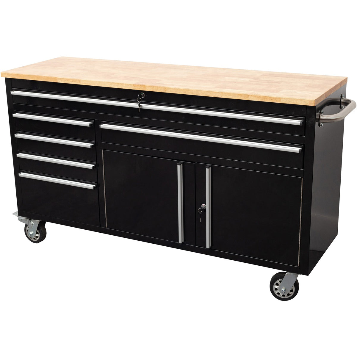 Heavy Duty Steel Rolling Tool Chest with Wooden Worktop 6 Drawers 1 Double-Door Side Cabinet 1674x489x907mm Black - 602038ABLACK