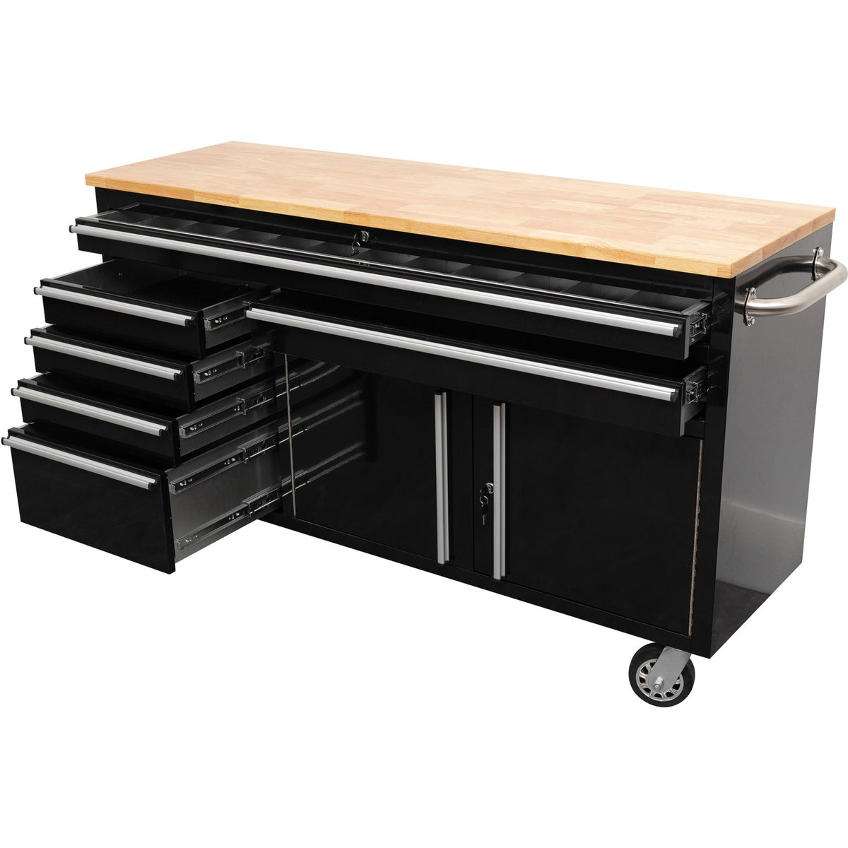 Heavy Duty Steel Rolling Tool Chest with Wooden Worktop 6 Drawers 1 Double-Door Side Cabinet 1674x489x907mm Black - 602038ABLACK