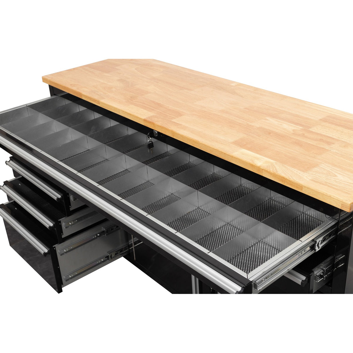 Heavy Duty Steel Rolling Tool Chest with Wooden Worktop 6 Drawers 1 Double-Door Side Cabinet 1674x489x907mm Black - 602038ABLACK