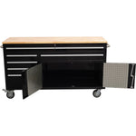Heavy Duty Steel Rolling Tool Chest with Wooden Worktop 6 Drawers 1 Double-Door Side Cabinet 1674x489x907mm Black - 602038ABLACK