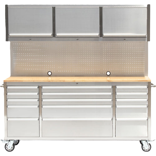 Heavy Duty Steel Rolling Tool Chest with Wooden Worktop 15 Drawers 3 Overhead Cabinets 1978x510x1828mm Stainless Steel - 722038APSILVER