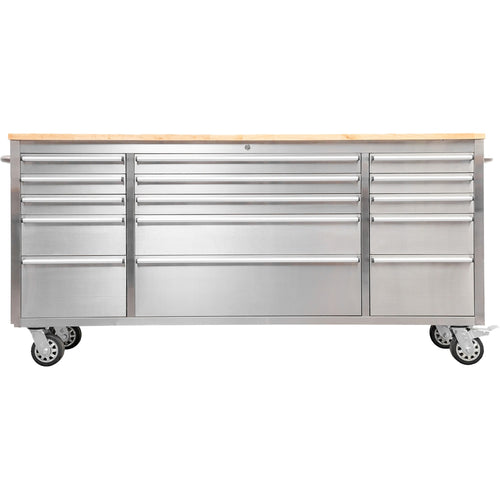 Heavy Duty Steel Rolling Tool Chest with Wooden Worktop 15 Drawers 1978x485x908mm Stainless Steel - 722038ASILVER