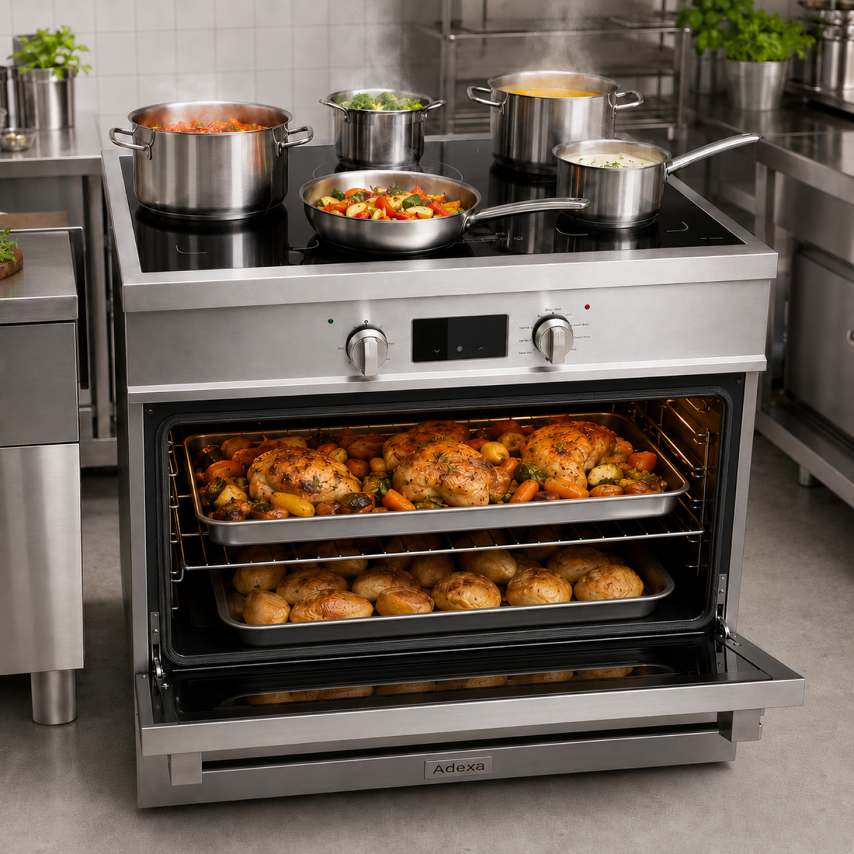 Commercial Stainless Steel Induction Range Cooker with 5 Zone Hob, 120L Oven, Air Fry & Rotisserie 895 x 620 x 884–914mm - ALTAY700