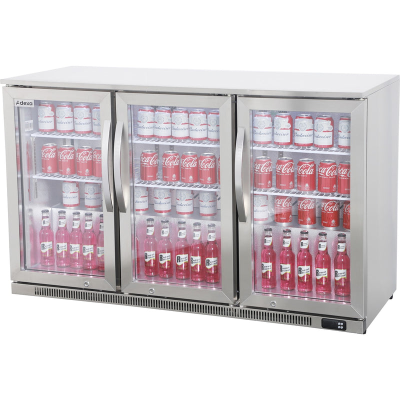 Commercial Back Bar Cooler 332 Litres 3 Hinged Glass Doors Stainless Steel 1340x550x860mm - BBC3HS