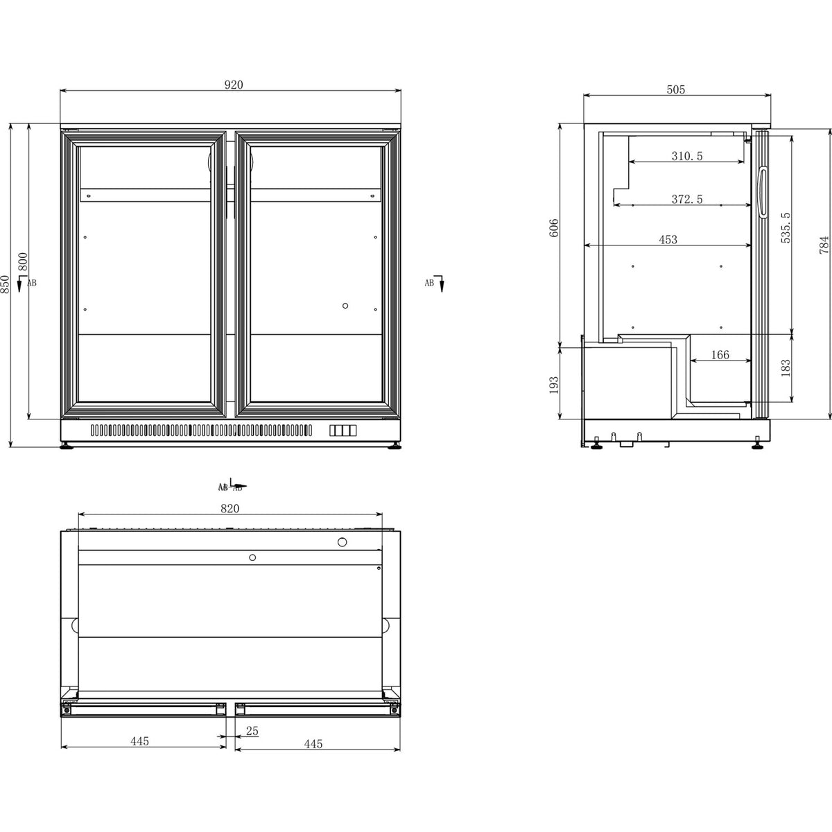 Back bar cooler 2 hinged doors 220 litres Black, height 850mm - BC02PP85