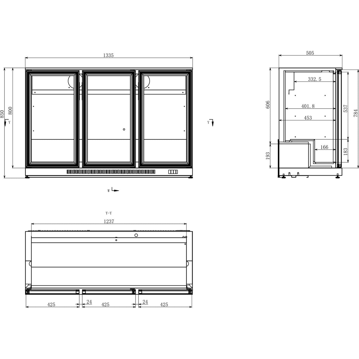 Back bar cooler 3 hinged doors 300 litres Black, height 850mm - BC03PP85