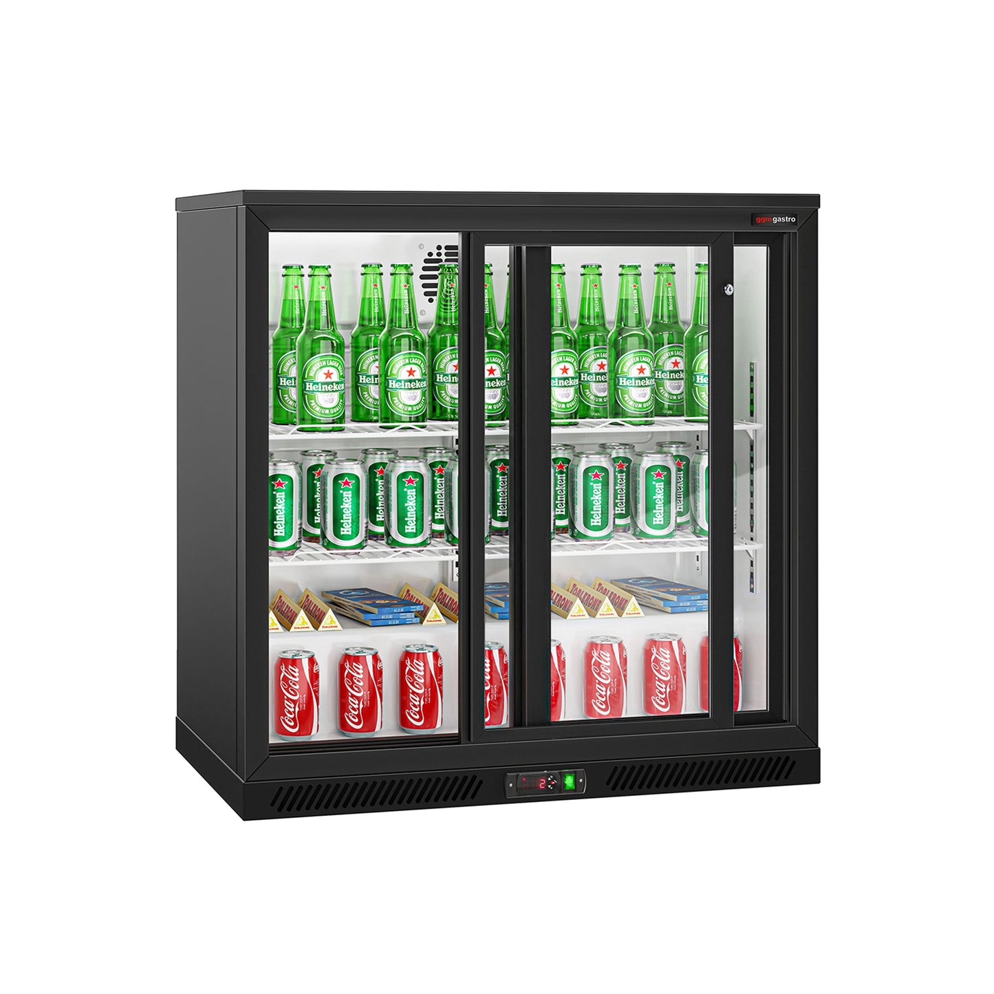 GGM Gastro BKTG220SSN 220L Back Bar Cooler 900mm — front view with sliding glass doors closed