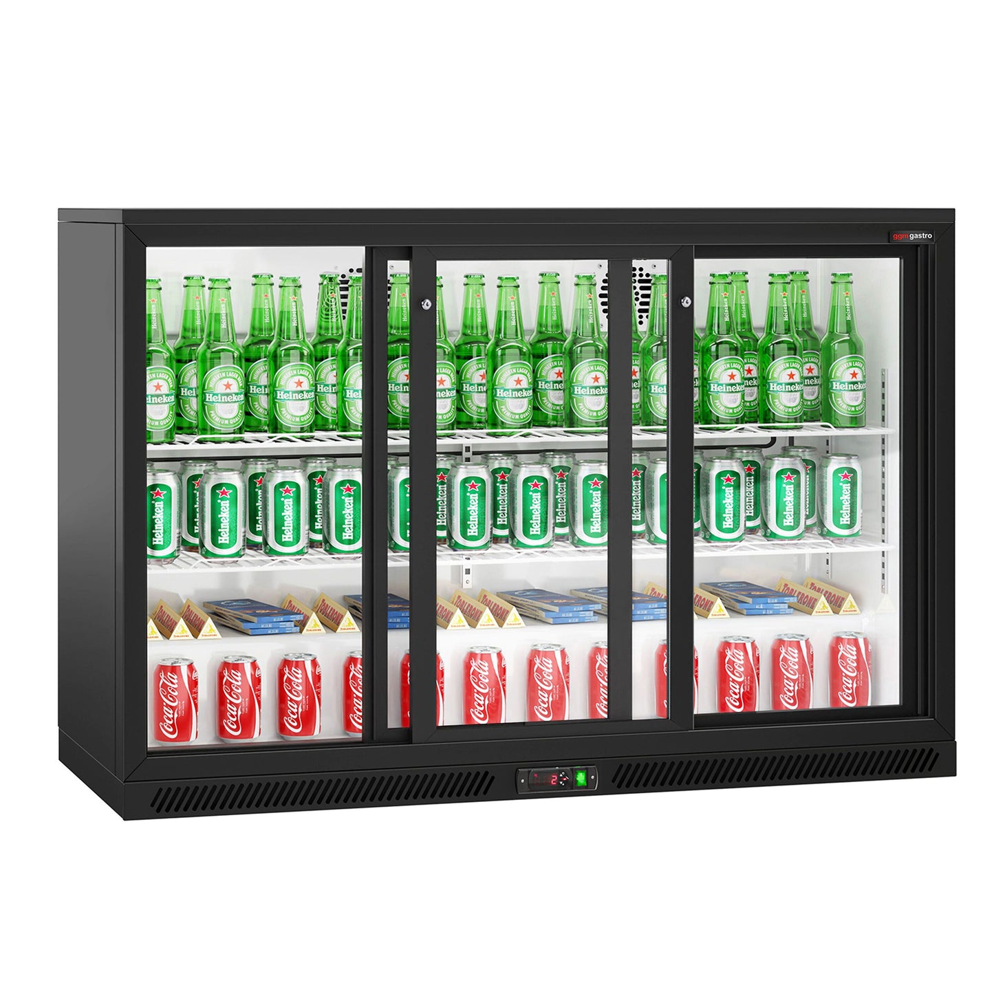 GGM Gastro BKTG320SSNN 320L Back Bar Cooler 1350mm — front view with 3 sliding glass doors closed