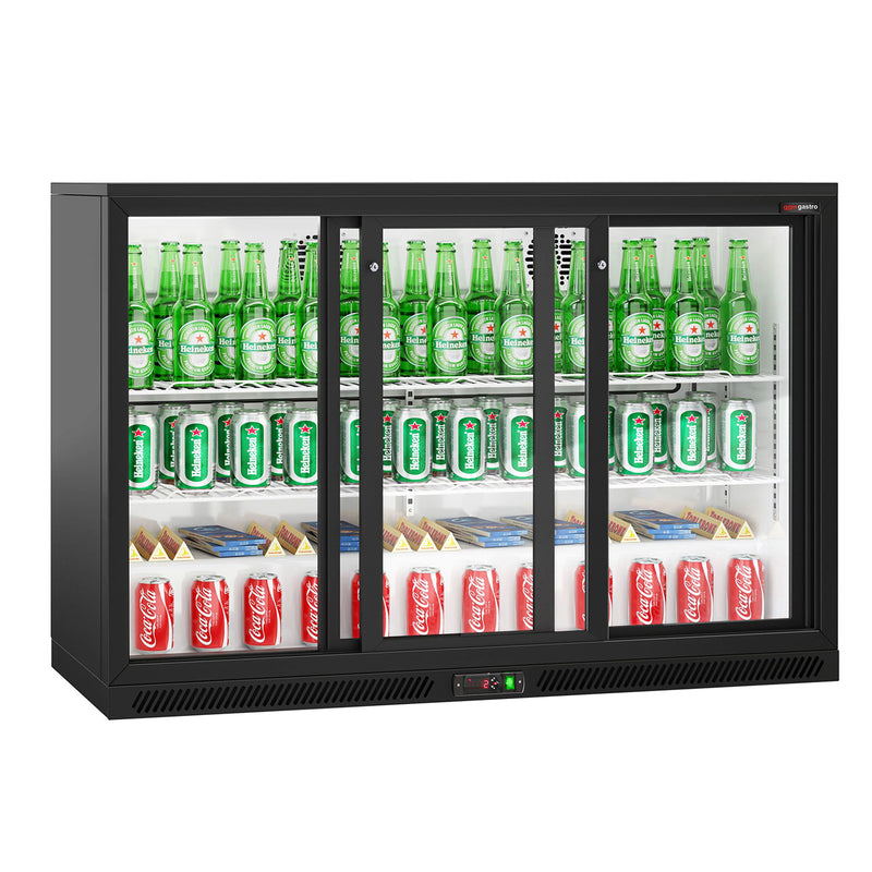 GGM Gastro BKTG320SSNN 320L Back Bar Cooler 1350mm — front view with 3 sliding glass doors closed