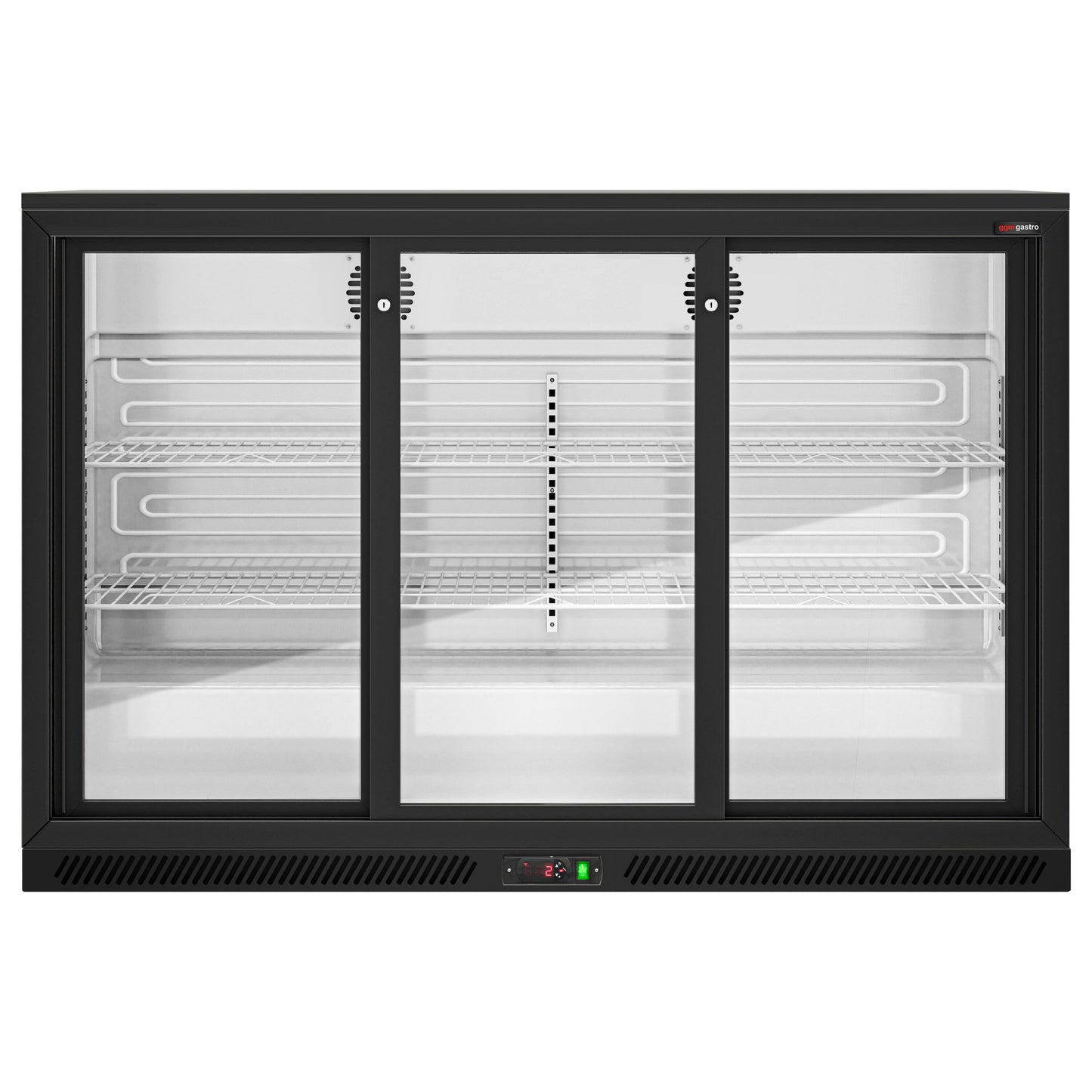 GGM Gastro BKTG320SSNN 320L Back Bar Cooler — angled front view showing sliding door mechanism
