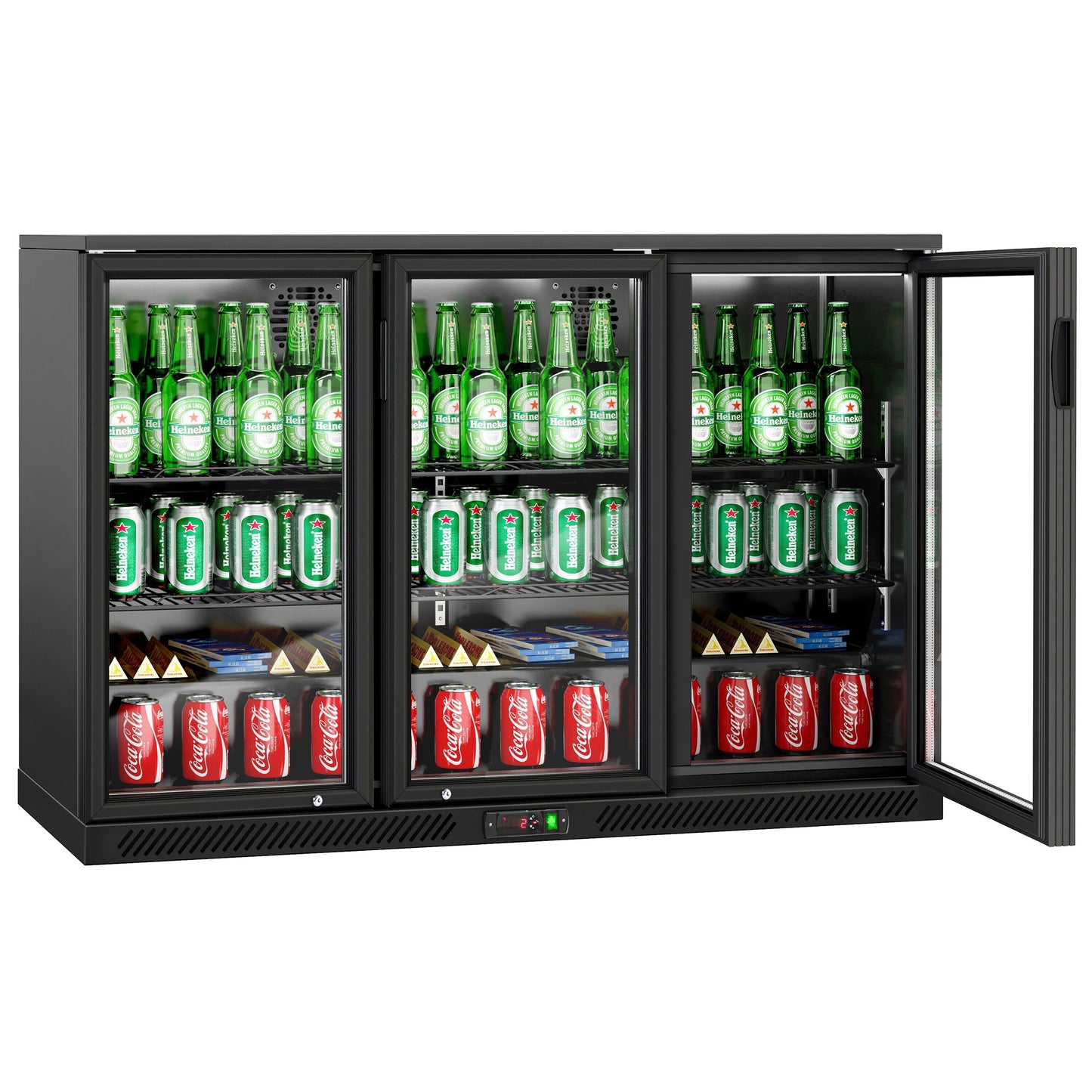 GGM Gastro BKTG320SN-UK 320L Back Bar Cooler 1350mm — front view closed 3 hinged glass doors