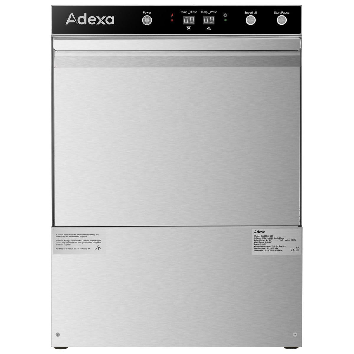 Commercial Undercounter Dishwasher 500x500mm 40 Racks/h 3.03kW - BLUECORE102
