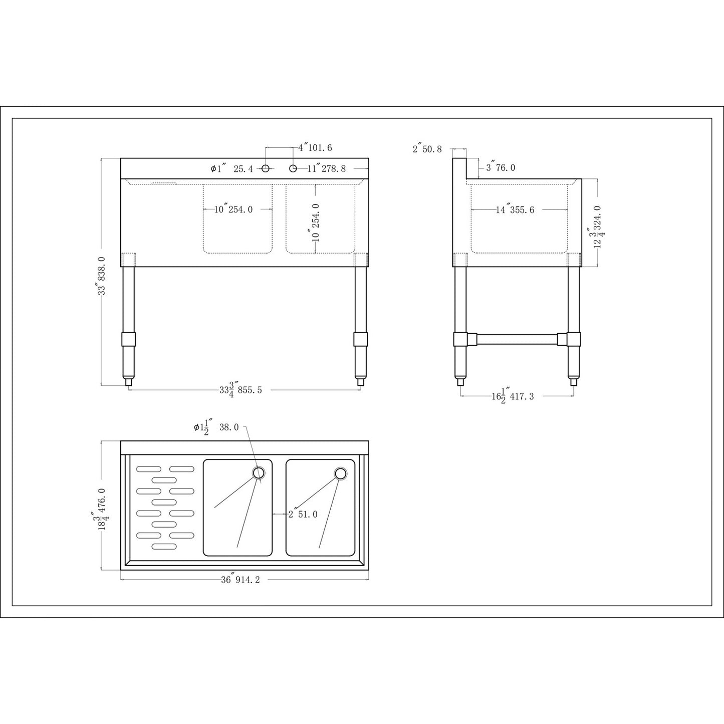 Commercial Sink Stainless steel 2 Bowl Left side Drain board - BS2T36L