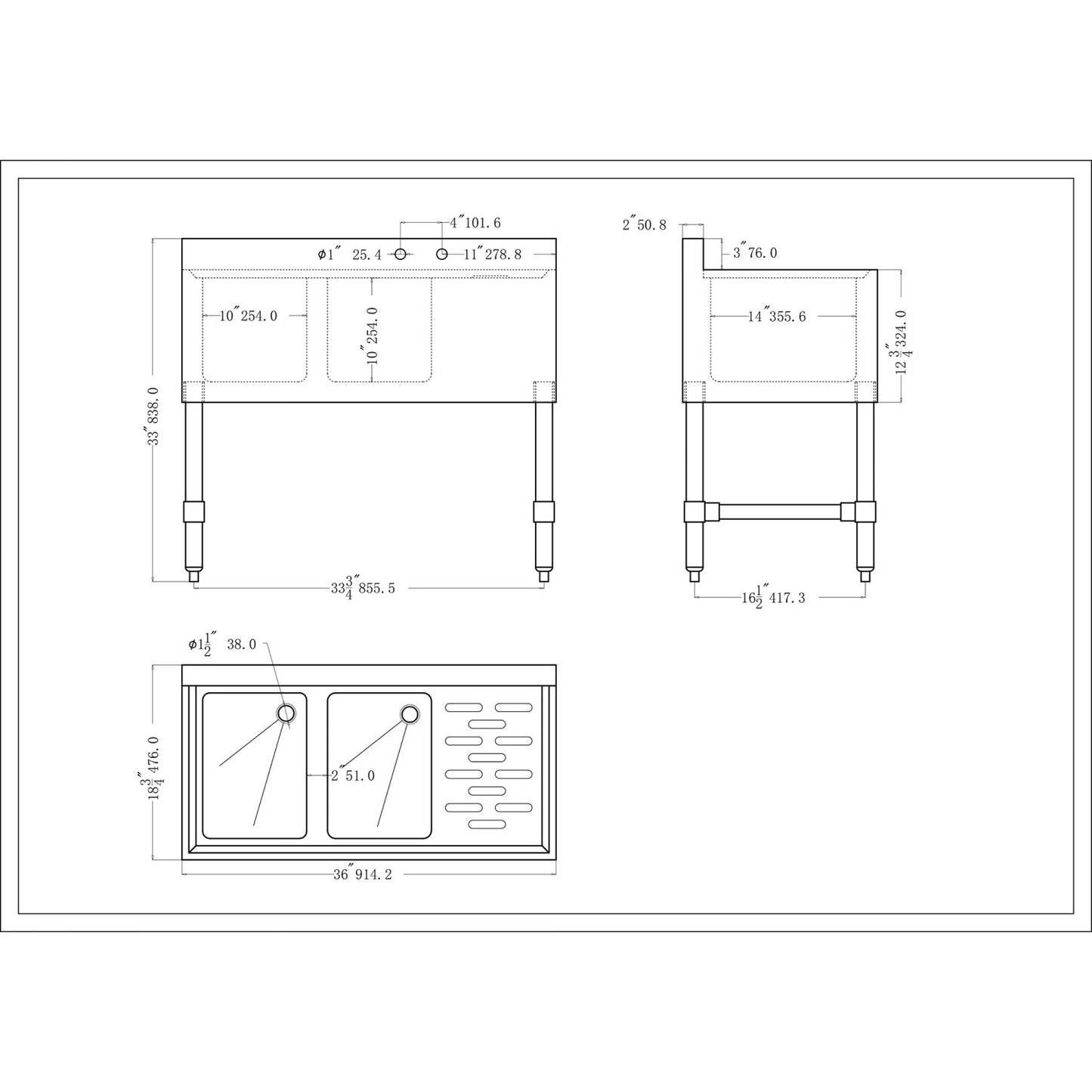 Commercial Sink Stainless steel 2 Bowl Right side Drain board - BS2T36R