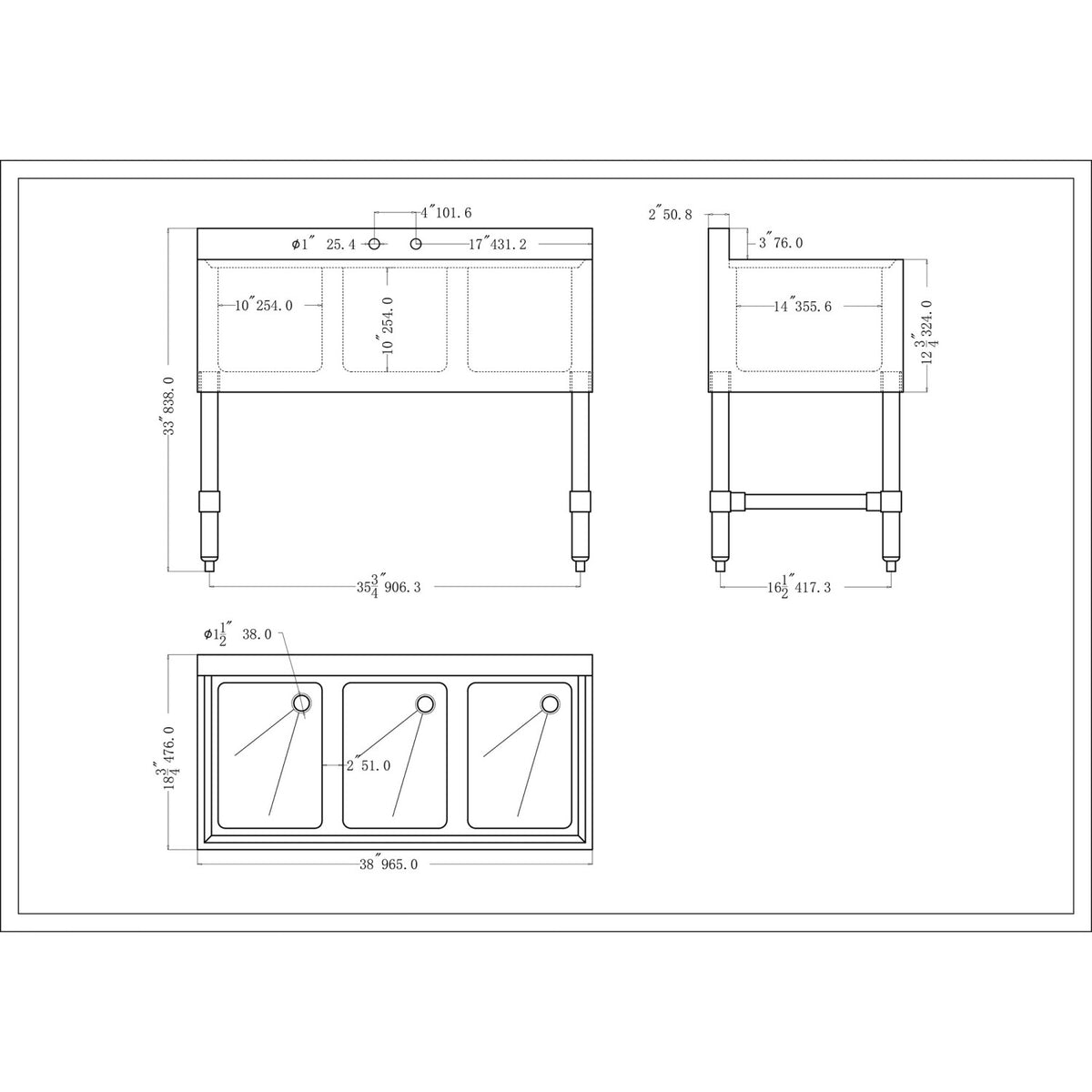 Commercial Sink Stainless steel 3 Bowl - BS3T38