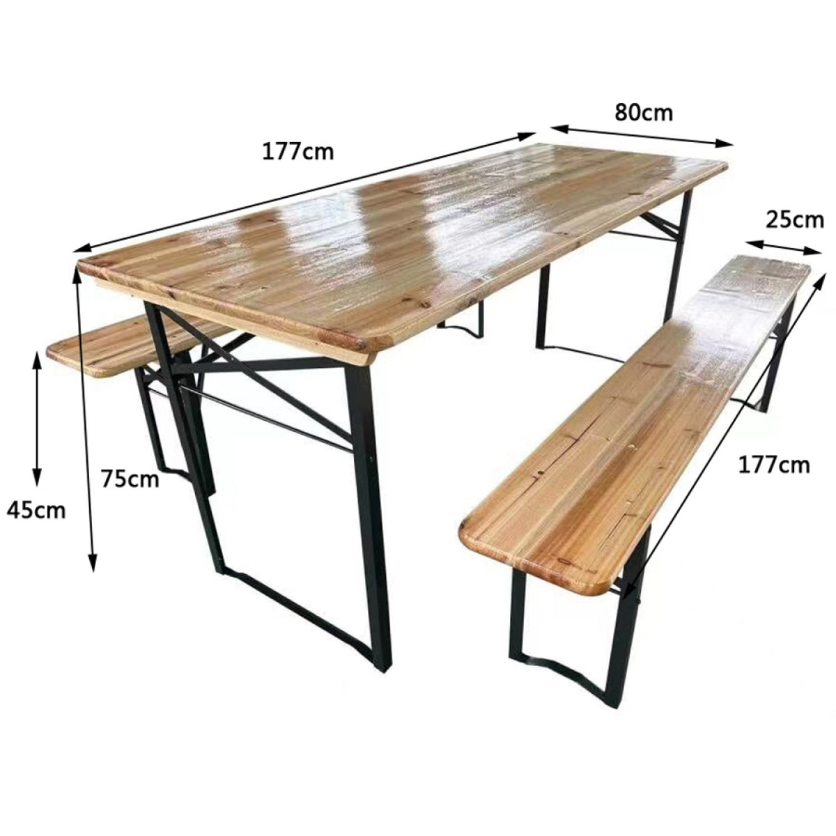 Three Piece Foldable Beer Table and Bench Set, Wooden Outdoor Garden Furniture 1800x800x770mm - BT18080