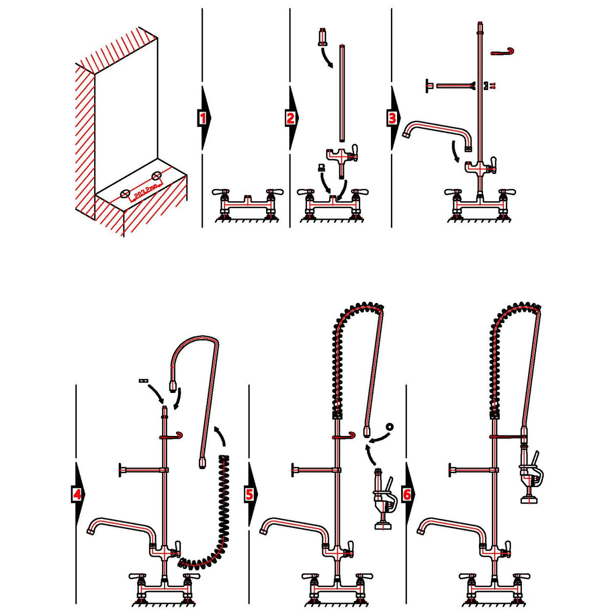 8" Center Deck Mounted Pre-Rinse Unit with 18" Riser & 44" Hose & 12" Add-On Spout Chrome - BXF252