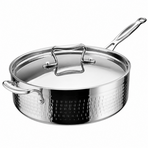 Hammered Triple-Layer Stainless Steel Saucepan with Long Handle & Helper Handle Ø260×85mm 4.5L Silver Finish - C0311029S