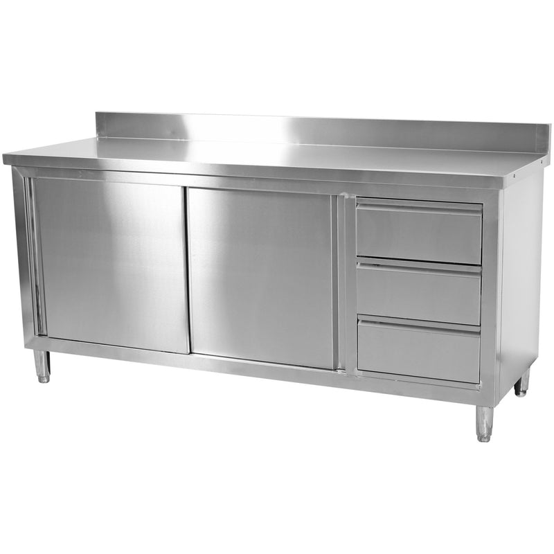 Commercial Worktop Floor Cupboard 3 drawers Right 2 sliding doors Stainless steel 1600x600x850mm Upstand - VTC166R3B