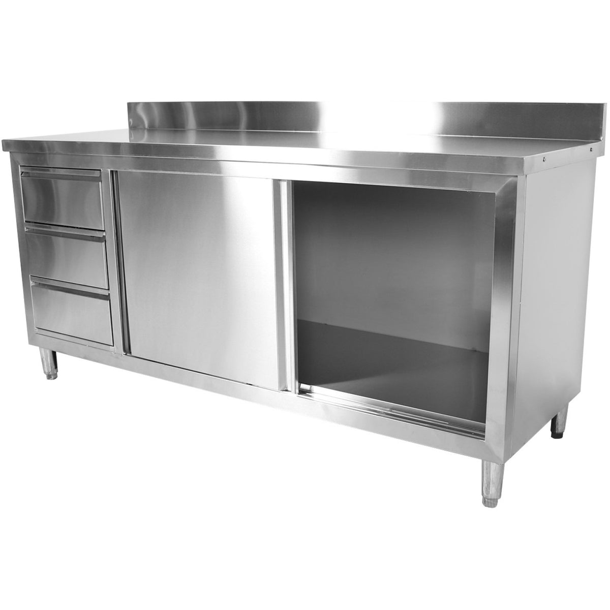 Commercial Worktop Floor Cupboard 3 drawers Left 2 sliding doors Stainless steel 1600x700x850mm Upstand - VTC167L3B