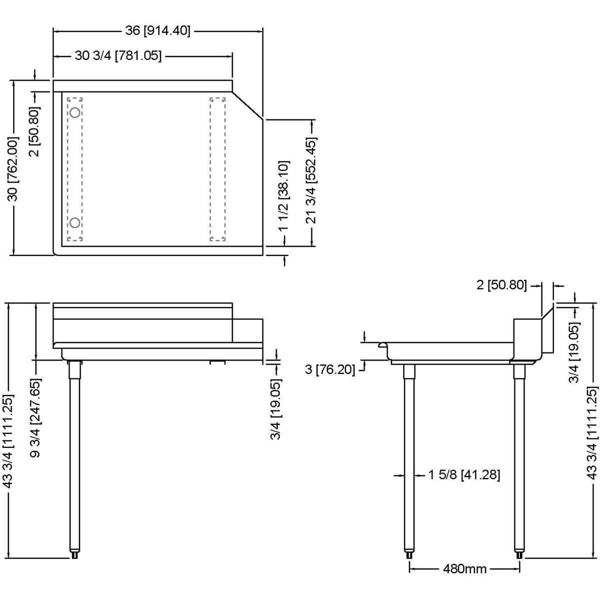Commercial Stainless steel Pass Through Dishwasher Table Left 914mm Width - CDT36L