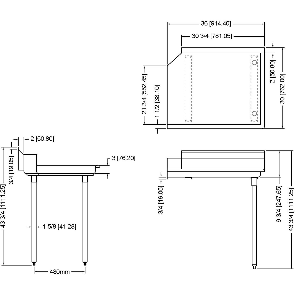 Commercial Stainless steel Pass Through Dishwasher Table Right 914mm Width - CDT36R