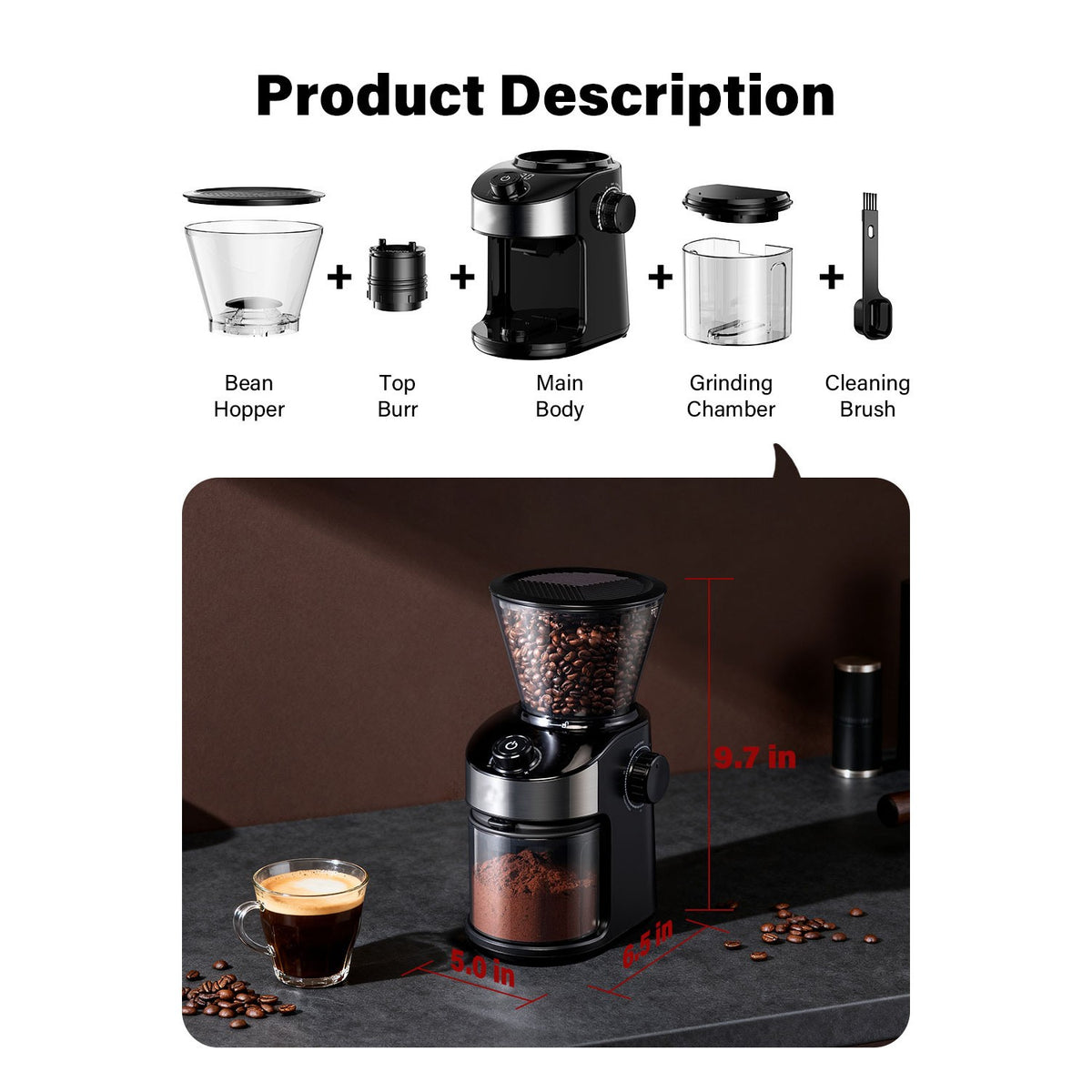 Commercial Flat Burr Coffee Grinder 150W with 240g Bean Hopper Black - CG836B