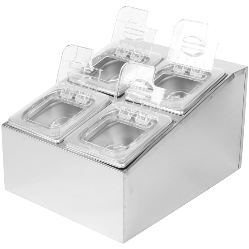 Commercial Condiment Holder including 4xGN1/6-100mm pans & fliptop lids - CHD04BPCFL