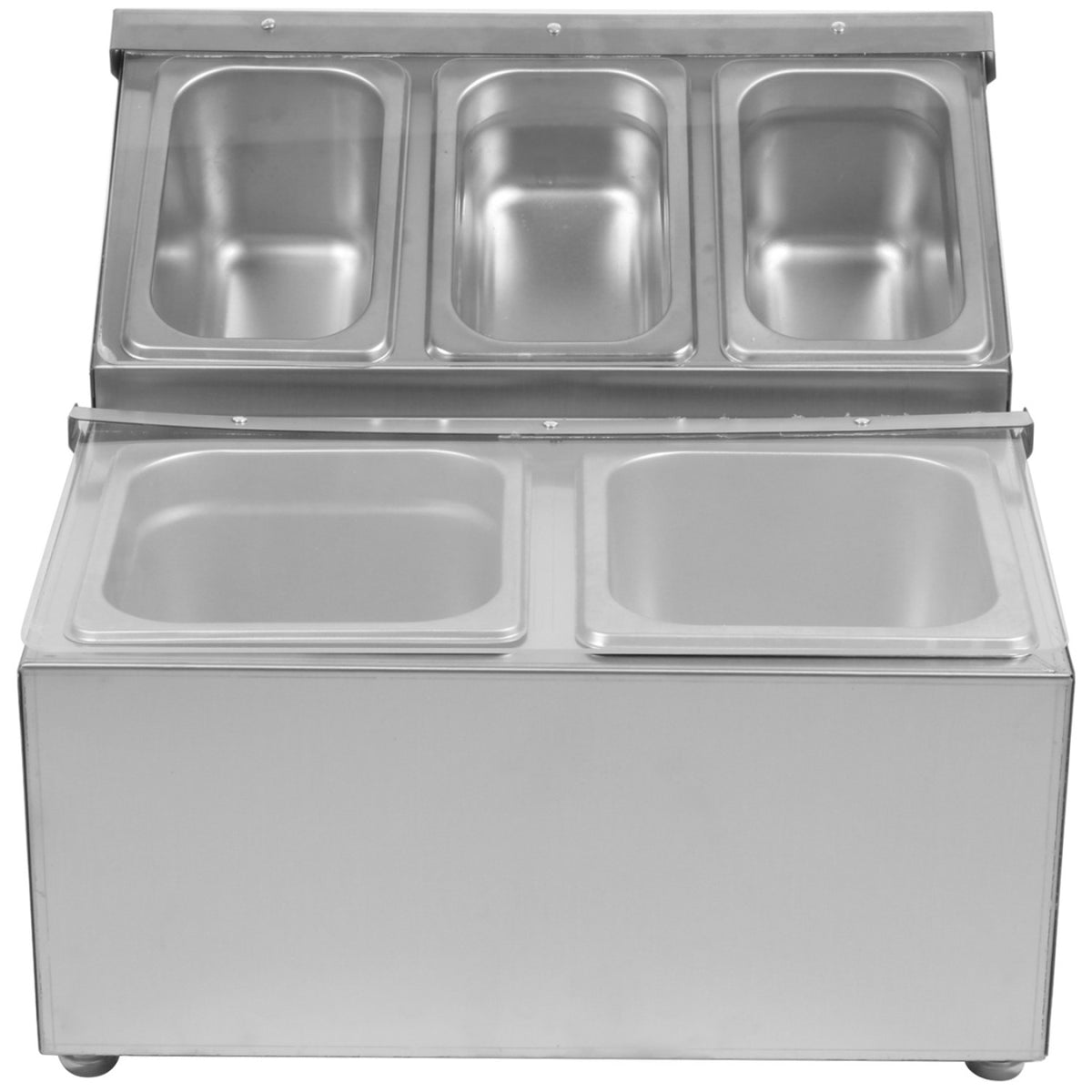 Commercial Stainless Steel GN Condiment Holder with Acrylic Flip-Top Lids, 2 x GN 1/6 + 3 x GN 1/9 - CHRLF04B2