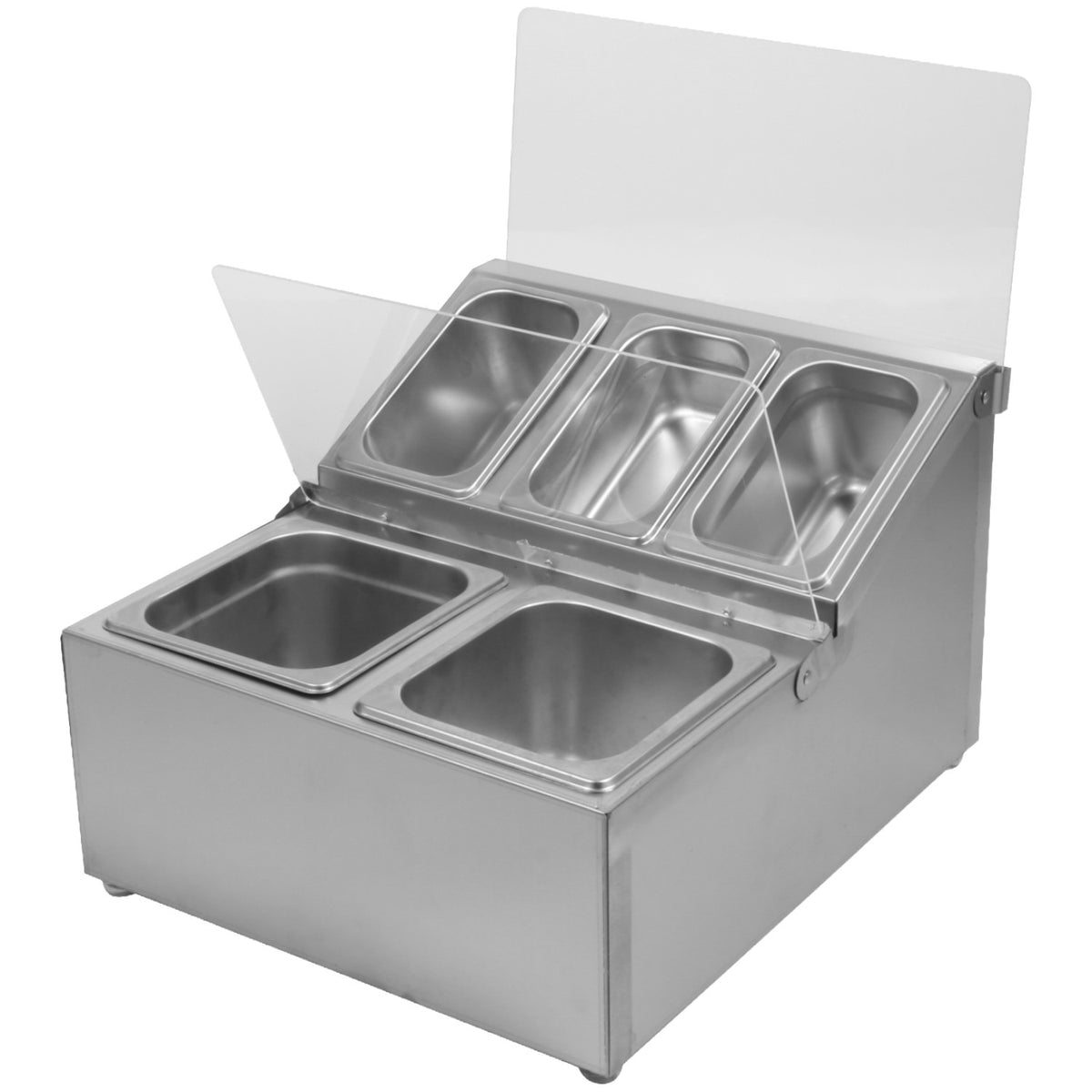Commercial Stainless Steel GN Condiment Holder with Acrylic Flip-Top Lids, 2 x GN 1/6 + 3 x GN 1/9 - CHRLF04B2