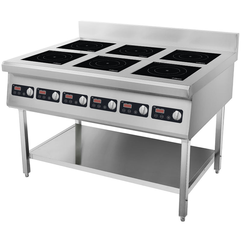 Commercial Freestanding 6-Zone Induction Cooker with Water Baffle & Undershelf 16.8kW (6 × 2800W) Knob Control - CX160A