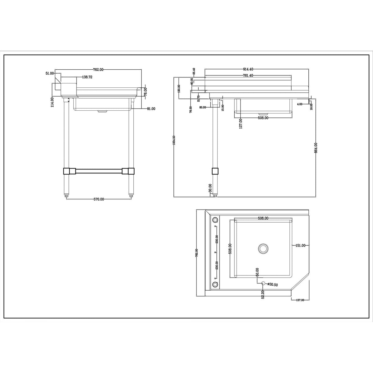 Commercial Stainless steel Pass Through Dishwasher Table with Sink Left 914mm Width - DC1T3036LEFTSINK
