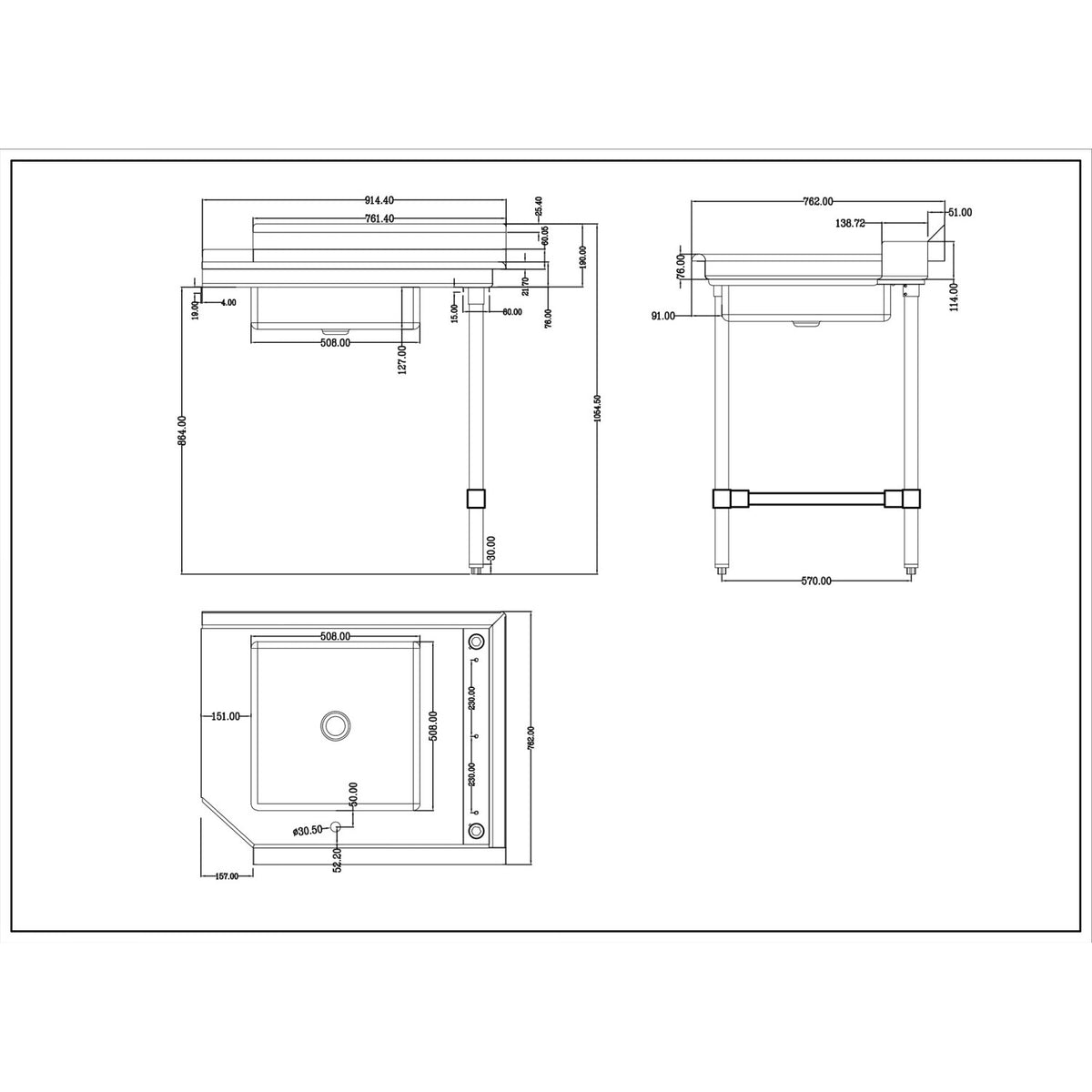 Commercial Stainless steel Pass Through Dishwasher Table with Sink Right 914mm Width - DC1T3036RIGHTSINK