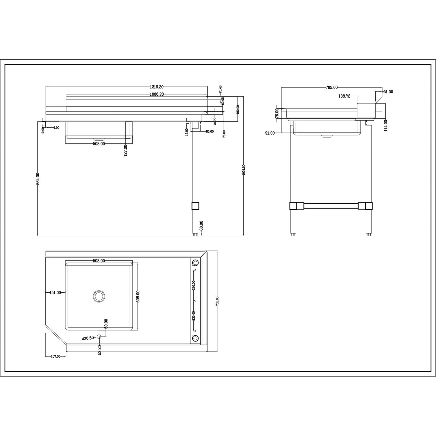 Commercial Stainless steel Pass Through Dishwasher Table with Sink Right 1219mm Width - DC1T3048RIGHTSINK