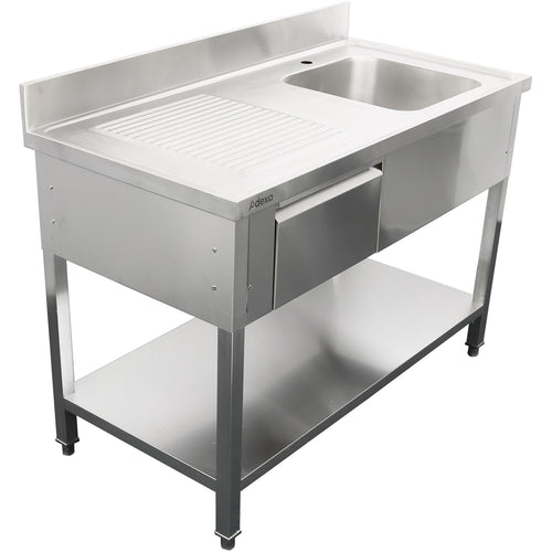 Commercial Sink with 1 drawer Stainless steel 1 bowl Right Bottom shelf Splashback 1400x600x950mm - DSA140601DR